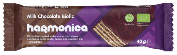 WAFELEK Z SAMOPSZY Z KREMEM MLECZNO - KAKAOWYM W POLEWIE Z MLECZNEJ CZEKOLADY Z PROBIOTYKAMI BIO 40 g - HARMONICA
