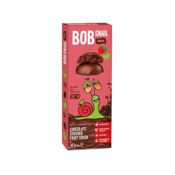 PRZEKĄSKA CHOCO JABŁKO - TRUSKAWKA W MLECZNEJ CZEKOLADZIE BIELGIJSKIEJ BEZ DODATKU CUKRÓW BEZGLUTENOWA 30 g - BOB SNAIL