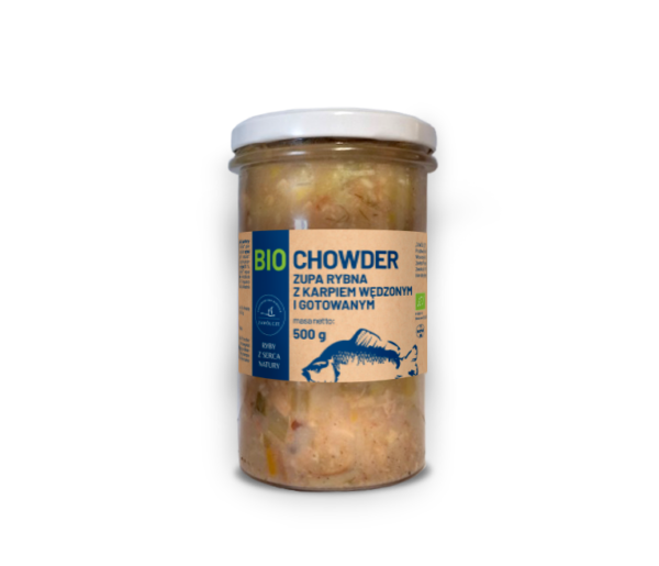 ZUPA RYBNA CHOWDER Z KARPIEM WĘDZONYM I GOTOWANYM BIO 500 g - GOSPODARSTWO RYBACKIE ZAWÓLCZE